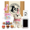 Dog birthday gift set with a dog toy, treat bag, and photo frame in front of an 'Alfie & Friends' branded box.