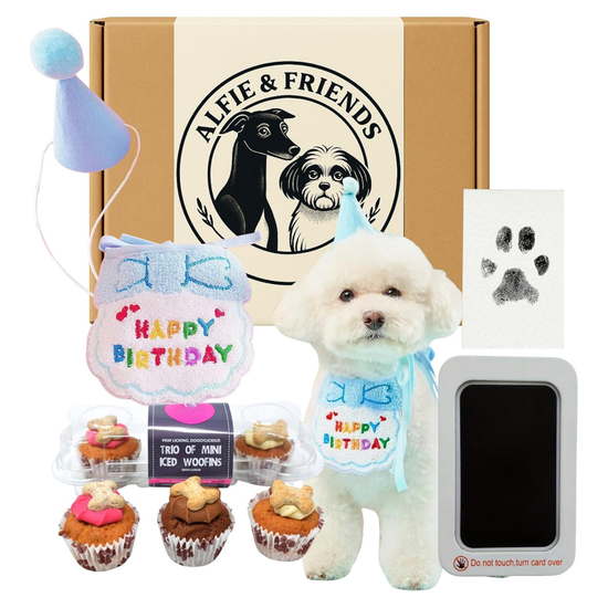 Dog Birthday Hamper Gift Set Bundle for Him – Including Trio Mini Woofin Cake, Happy Birthday Blue Dog Bib and Hat, Iced Woofin Candle Cake and Doggy Paw Stamp | Gift for Pet Lovers - Premium Gift Hamper UK