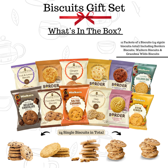 Biscuit Gift Set with 12 Twin Packs (24 Biscuits) from top UK brands – Walkers Shortbread, Border Biscuits & Grandma Wild’s. A premium selection ideal for gifting, sharing, or enjoying with tea. Perfect for birthdays, thank yous, or special treats.