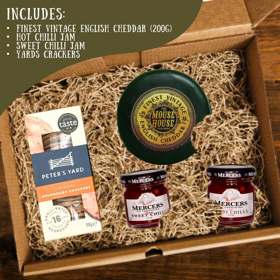 Luxury Cheese & Chutney Mini Hamper Gift Box with Mature Cheddar Truckle, Hot Chilli Jam, Sweet Chilli Jam & Savoury Crackers – Artisan Cheese Board Hampers Gift Set, Christmas Platter
