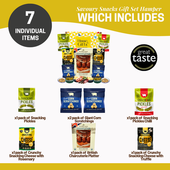 Charcuterie Meat & Snack Hamper – British Platter, Spicy Pickles, Truffle & Rosemary Cheese Snacks, Corn Scratchings, Savoury Snack Box for Men, Pub Snacks, Sharing Platter Gift Box