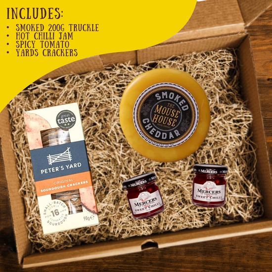 Luxury Cheese & Chutney Mini Hamper Gift Box with Smoked Cheese Truckle 200g, Spicy Tomato Relish, Hot Chilli Jam & Savoury Crackers – Artisan Board Set, 4x Gourmet Treats, Festive Christmas