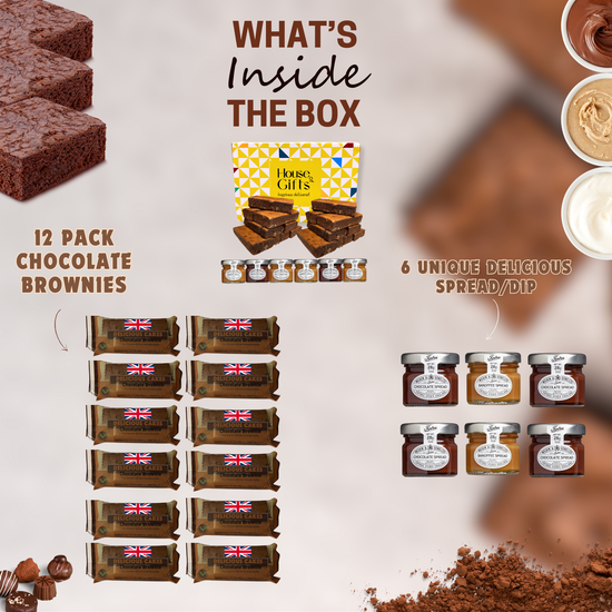Chocolate Brownie Gift Box by Post | 12 Hand Baked Brownies with Unique Preserves Spreads Including 2 Salted Caramels, 2 Chocolates & 2 Banoffees