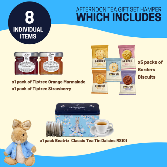 Peter Rabbit Afternoon Tea Hamper Gift Set with Teas, Jam, Marmalade & Biscuits – Elegant Biscuit Gift Box with Tea Selection – Versatile Hamper for Birthdays, Thank You, Care Packages, or Gatherings