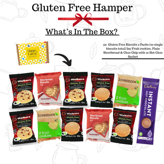 Gluten Free Biscuits Hamper Gift Set with Shortbread, Biscuits & Hot Chocolate | 20 Biscuits Total | Luxury Biscuit Gift Box for Her or Him | The Perfect Celiac Gift of Choice
