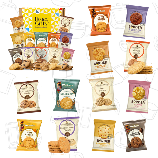 Biscuit Gift Set with 12 Twin Packs (24 Biscuits) from top UK brands – Walkers Shortbread, Border Biscuits & Grandma Wild’s. A premium selection ideal for gifting, sharing, or enjoying with tea. Perfect for birthdays, thank yous, or special treats.