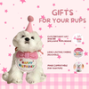 White dog toy with birthday hat and bib on a pink background with text about product features.