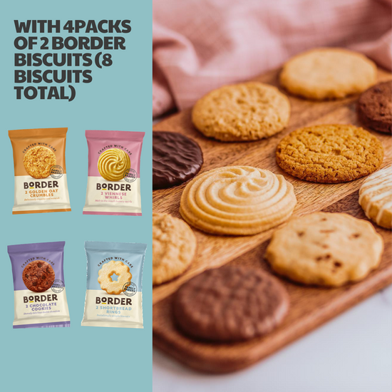 Afternoon Tea Gift Set with 4 twin packs of Border Biscuits (8 biscuits) & 80 New English Teas teabags (Breakfast & Afternoon). Presented in vintage-style tins, this British tea and biscuits hamper is a perfect gift for tea lovers and special occasions.