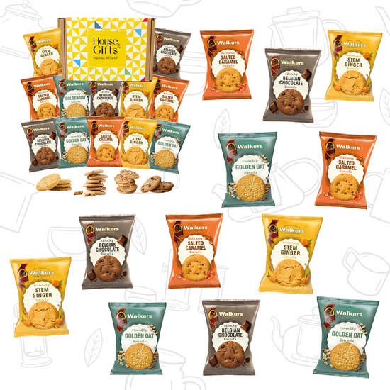 Biscuit Gift Set Treat Hamper featuring 12 twin packs (24 biscuits total) of assorted Walkers Biscuits. Each biscuit is individually wrapped for freshness. A delicious British bickie hamper, perfect for gifting or enjoying with tea or coffee.