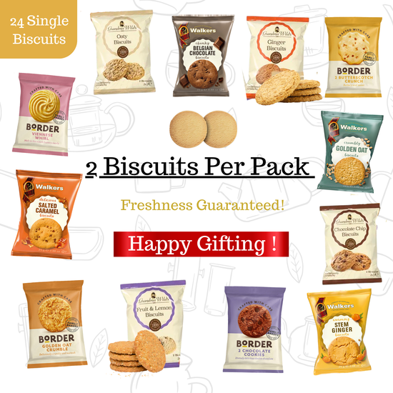 Biscuit Gift Set with 12 Twin Packs (24 Biscuits) from top UK brands – Walkers Shortbread, Border Biscuits & Grandma Wild’s. A premium selection ideal for gifting, sharing, or enjoying with tea. Perfect for birthdays, thank yous, or special treats.