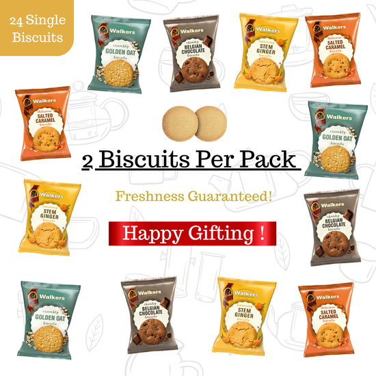 Biscuit Gift Set Treat Hamper featuring 12 twin packs (24 biscuits total) of assorted Walkers Biscuits. Each biscuit is individually wrapped for freshness. A delicious British bickie hamper, perfect for gifting or enjoying with tea or coffee.