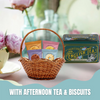 Afternoon Tea Gift Set with 4 twin packs of Border Biscuits (8 biscuits) & 80 New English Teas teabags (Breakfast & Afternoon). Presented in vintage-style tins, this British tea and biscuits hamper is a perfect gift for tea lovers and special occasions.