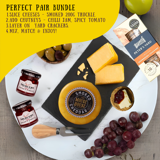 Luxury Cheese & Chutney Mini Hamper Gift Box with Smoked Cheese Truckle 200g, Spicy Tomato Relish, Hot Chilli Jam & Savoury Crackers – Artisan Board Set, 4x Gourmet Treats, Festive Christmas