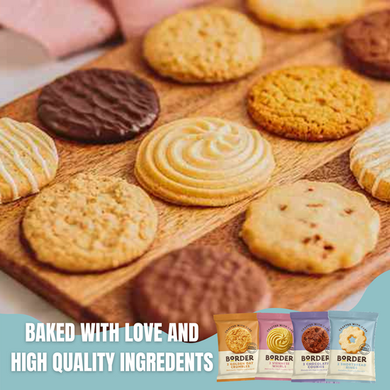 Afternoon Tea Gift Set with 4 twin packs of Border Biscuits (8 biscuits) & 80 New English Teas teabags (Breakfast & Afternoon). Presented in vintage-style tins, this British tea and biscuits hamper is a perfect gift for tea lovers and special occasions.