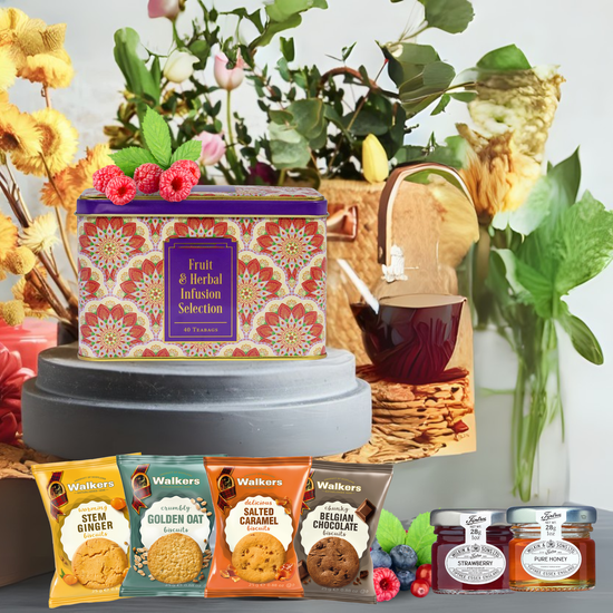 Afternoon Fruit Tea Hamper Gift Set With Biscuits, Strawberry Jam & Honey – Biscuit Hampers Gift Set For Sharing, Birthdays Or Thank You – Elegant Tea And Biscuits Hamper For Grandparents