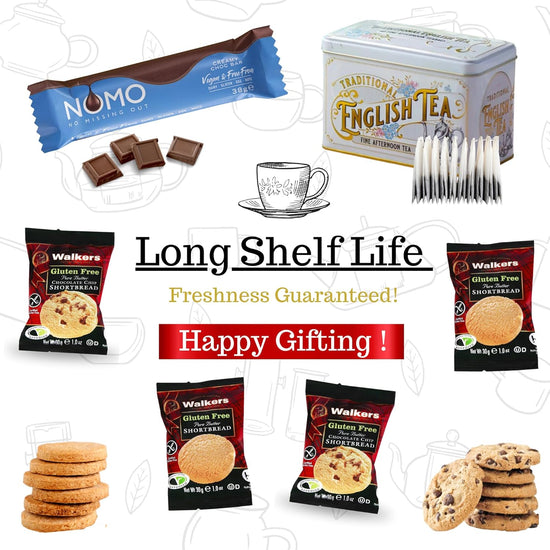 Gluten Free Snacks Hamper With Nomo Chocolate, 8 Walkers Shortbread Biscuits & Afternoon Tea Tin with 40 Teabags | For Her or Him | Coeliac Friendly