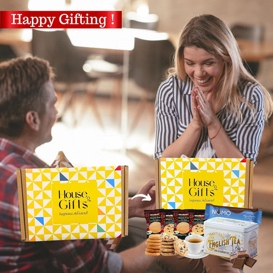 Gluten Free Snacks Hamper With Nomo Chocolate, 8 Walkers Shortbread Biscuits & Afternoon Tea Tin with 40 Teabags | For Her or Him | Coeliac Friendly