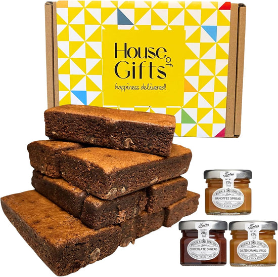 Chocolate Brownie Gift Box by Post | 8 Hand Baked Brownies with Unique Preserves Spreads Including Salted Caramel, Chocolate & Banoffee