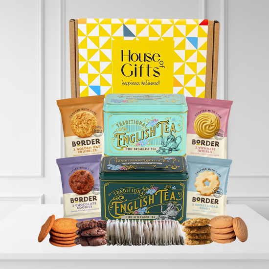 Afternoon Tea Gift Set with 4 twin packs of Border Biscuits (8 biscuits) & 80 New English Teas teabags (Breakfast & Afternoon). Presented in vintage-style tins, this British tea and biscuits hamper is a perfect gift for tea lovers and special occasions.