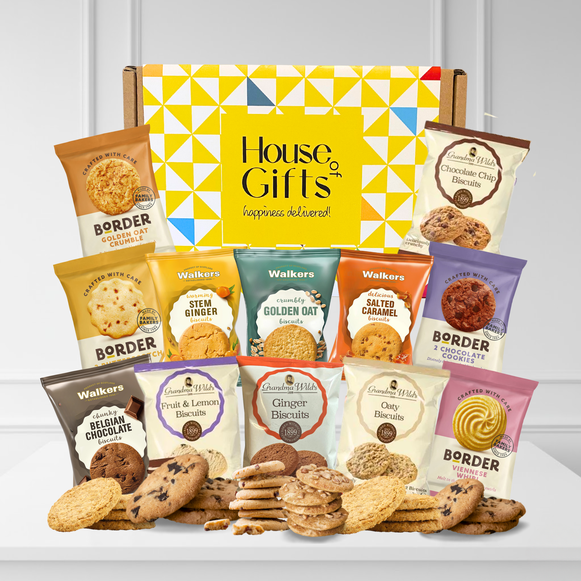 Biscuit Gift Set with 12 Twin Packs (24 Biscuits) from top UK brands – Walkers Shortbread, Border Biscuits & Grandma Wild’s. A premium selection ideal for gifting, sharing, or enjoying with tea. Perfect for birthdays, thank yous, or special treats.