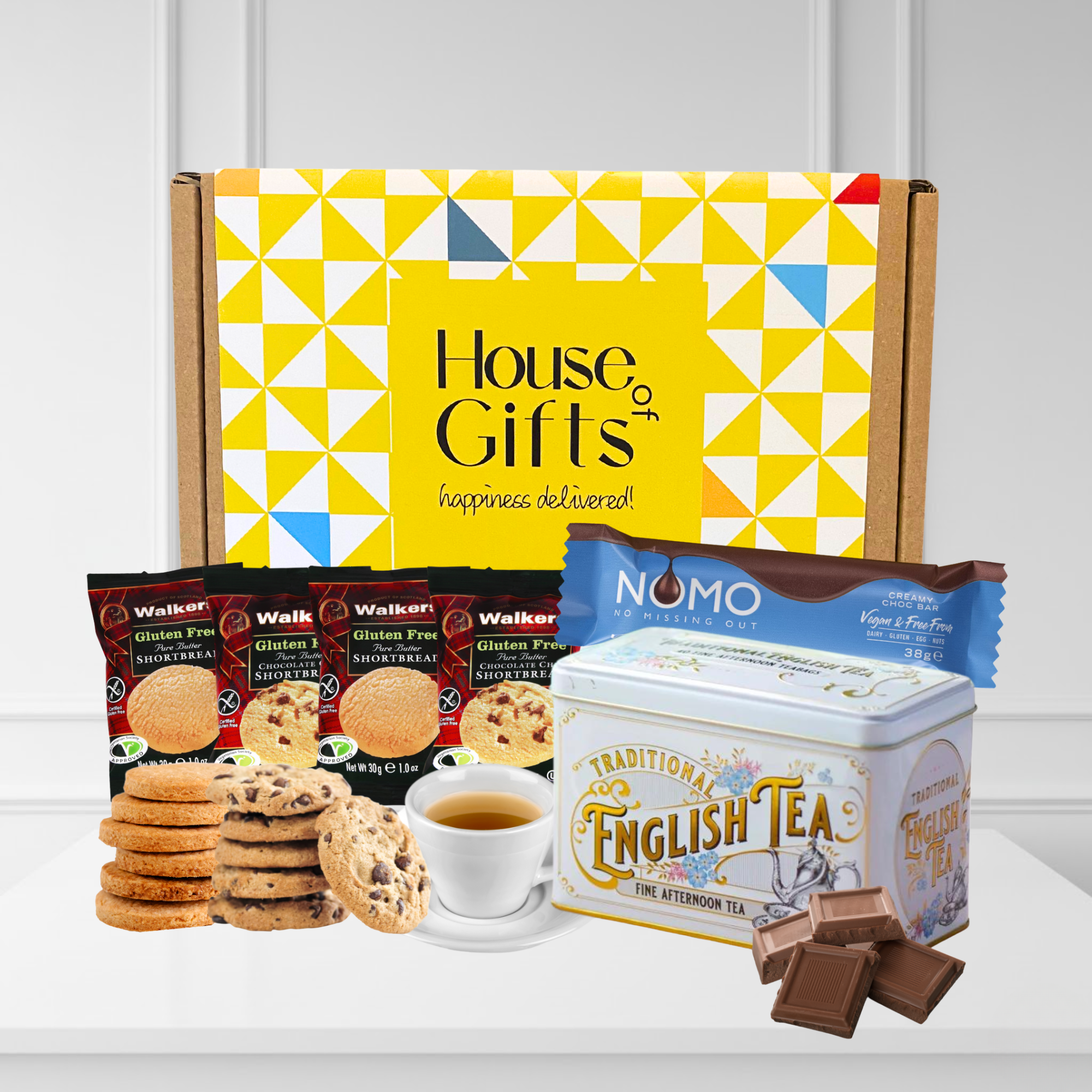Gluten Free Snacks Hamper With Nomo Chocolate, 8 Walkers Shortbread Biscuits & Afternoon Tea Tin with 40 Teabags | For Her or Him | Coeliac Friendly