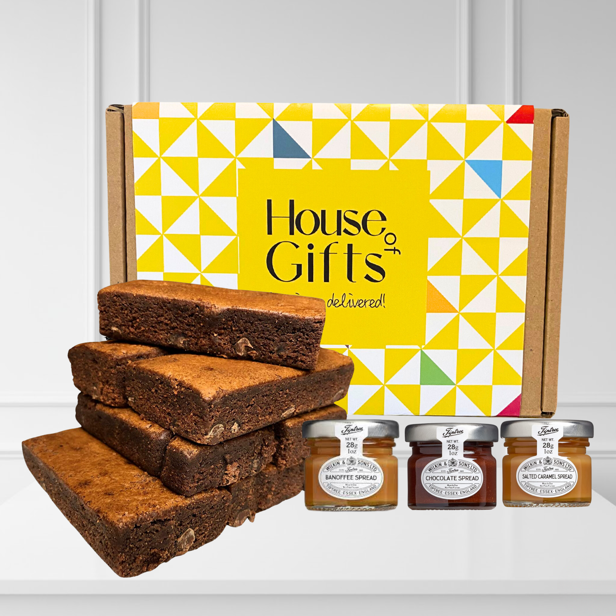 Chocolate Brownie Gift Box by Post | 8 Hand Baked Brownies with Unique Preserves Spreads Including Salted Caramel, Chocolate & Banoffee