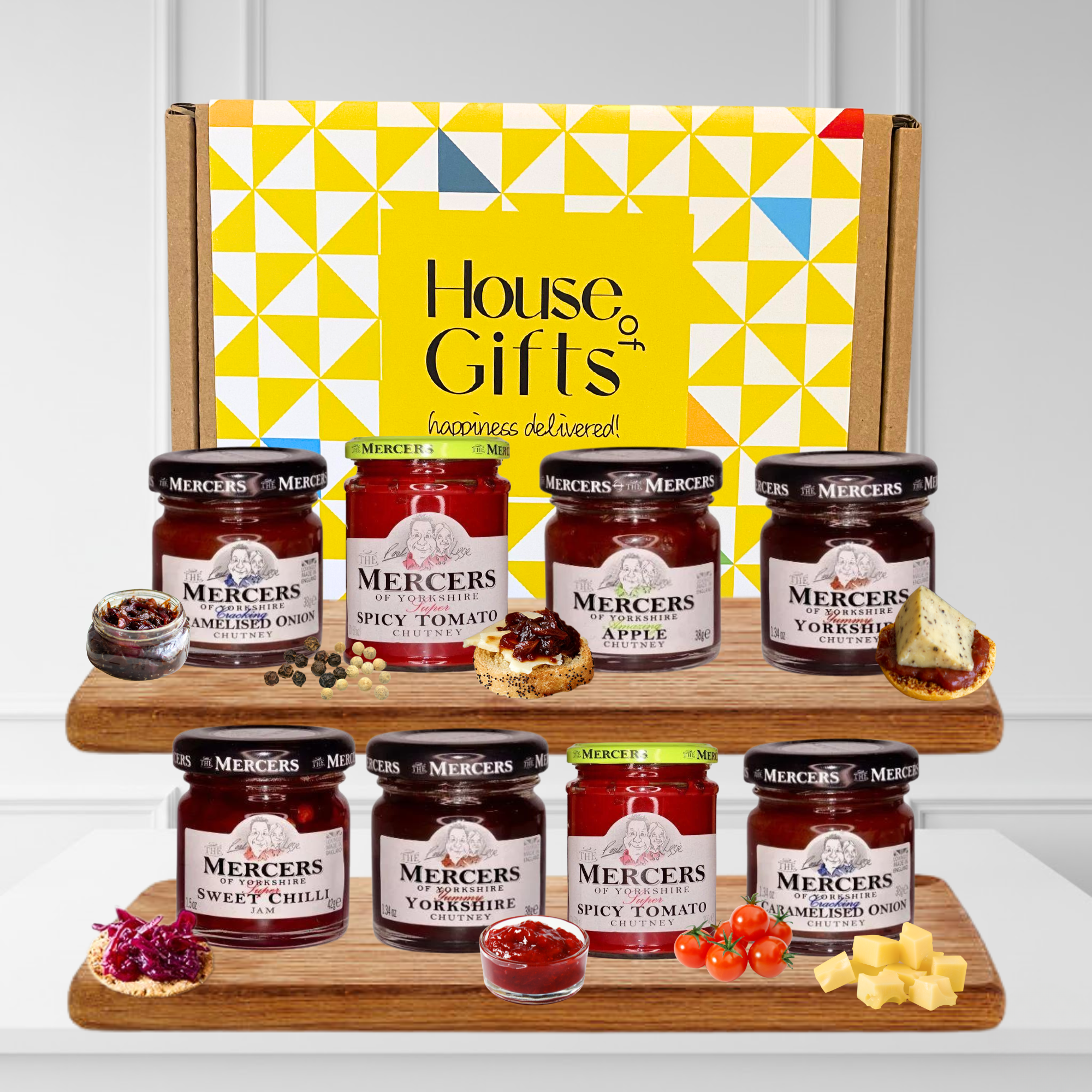 Chutney Hamper Gift Set Compliment for Cheese Hampers including 8 jars of pate including Spicy Tomato, Caremalised Onion, Yorkshire, Apple, & Sweet Chili