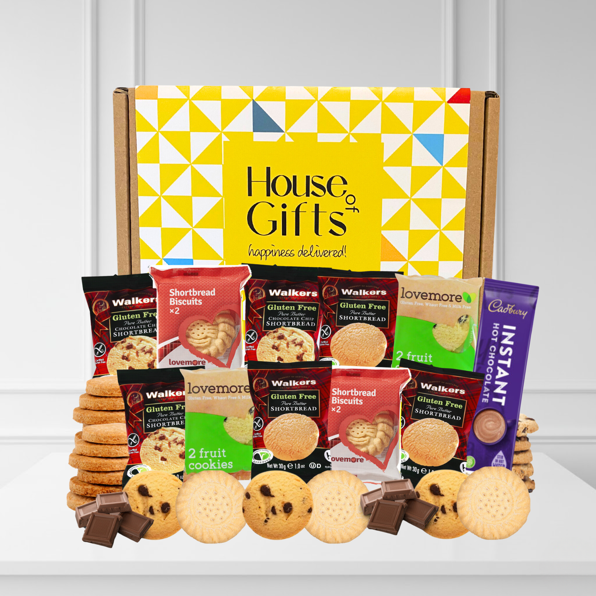 Gluten Free Biscuits Hamper Gift Set with Shortbread, Biscuits & Hot Chocolate | 20 Biscuits Total | Luxury Biscuit Gift Box for Her or Him | The Perfect Celiac Gift of Choice